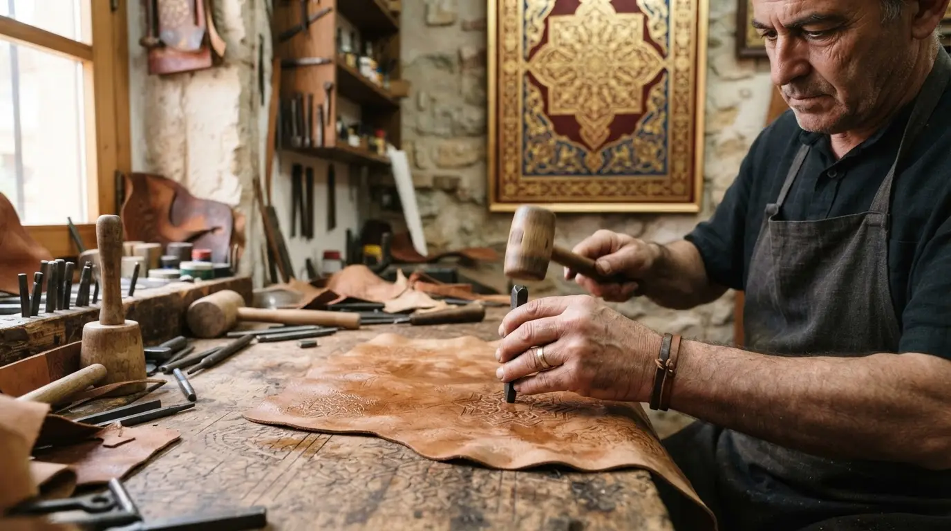 Artisan's hands tooling cordobán leather in a Córdoba workshop, iron stamp pressed into vegetable-tanned goatskin, guadamecí gilded leather panel with Islamic geometric patterns visible in the background, warm workshop light