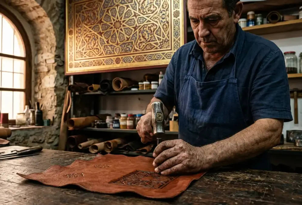 Artisan's hands tooling cordobán leather in a Córdoba workshop, iron stamp pressed into vegetable-tanned goatskin, guadamecí gilded leather panel with Islamic geometric patterns visible in the background, warm workshop light