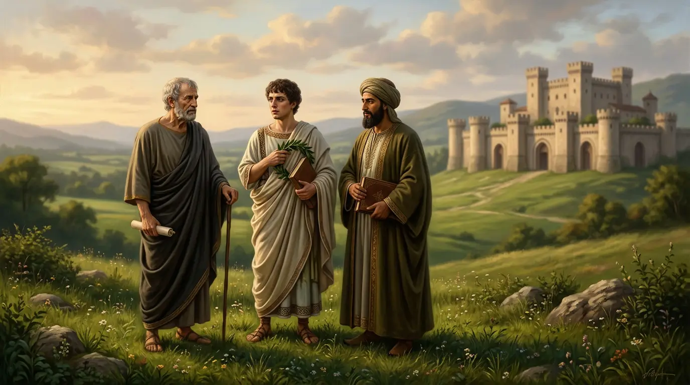 Three historical figures from Córdoba: Seneca, Lucan, and Averroes, standing together in Limbo's green meadow from Dante's Inferno, photorealistic Renaissance painting style, noble castle with seven gates in background, golden-hour light, Cordobans Dante Inferno