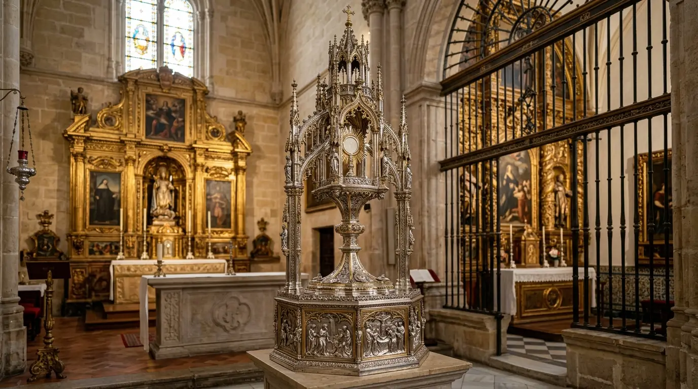 The 1518 Enrique de Arfe Gothic silver processional custodia of Corpus Christi Cordoba history, a 2.63-metre two-tiered monstrance with flying buttresses and pinnacles, standing in the Capilla de Santa Teresa of the Mezquita-Catedral, lit by filtered chapel light, its dodecagonal base showing 18 scenes from the life of Christ in minute silver relief