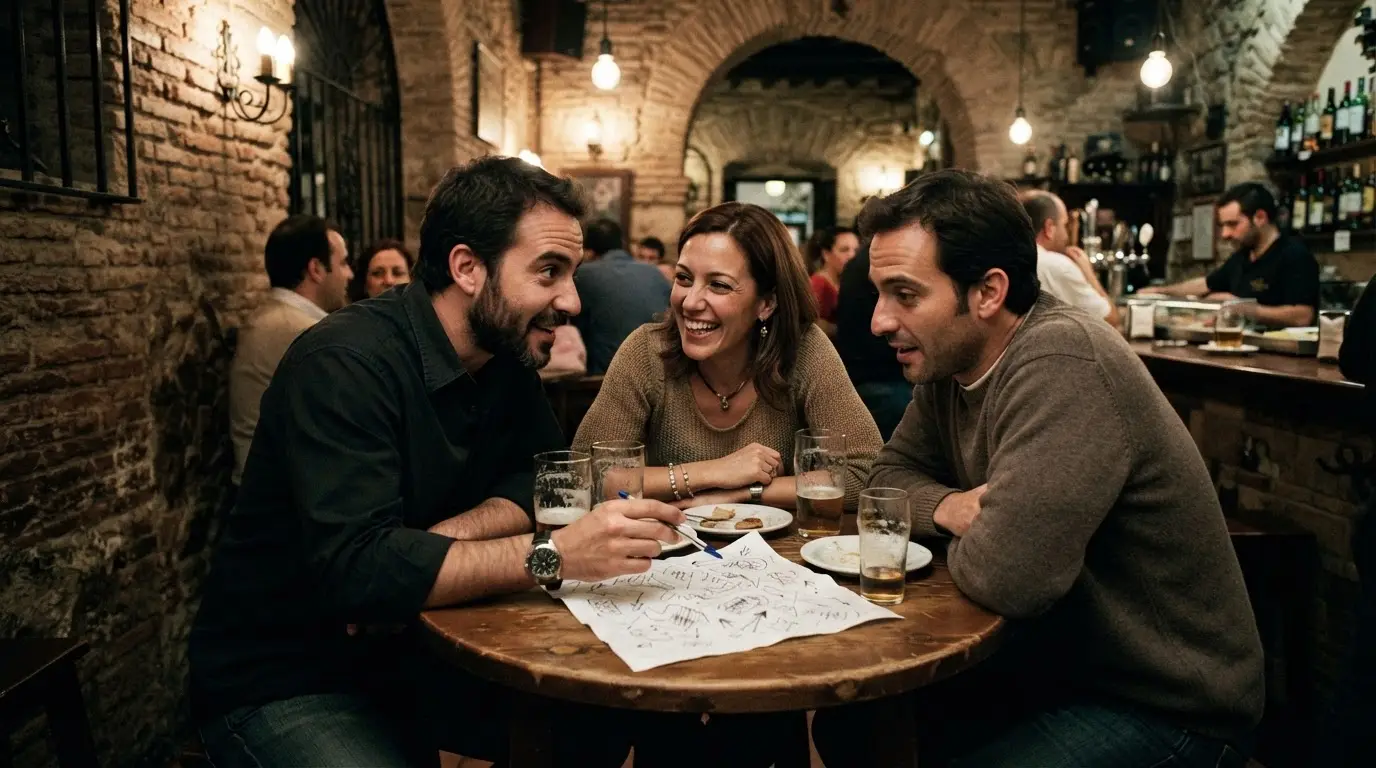 Illustration of the founding night of Córdoba's Cosmopoética poetry festival in 2004: a dimly lit tapas bar interior, three animated figures leaning over a small round table scattered with beer glasses and a napkin sketch, the idea Raúl Alonso would later name Cosmopoética, exposed brick and wrought-iron details typical of the historic centre, moody cinematic side lighting, no legible text