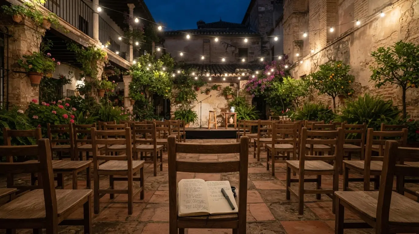 Chairs arranged for an evening poetry reading in a quiet Córdoba courtyard, string lights overhead, an open notebook resting on an empty seat