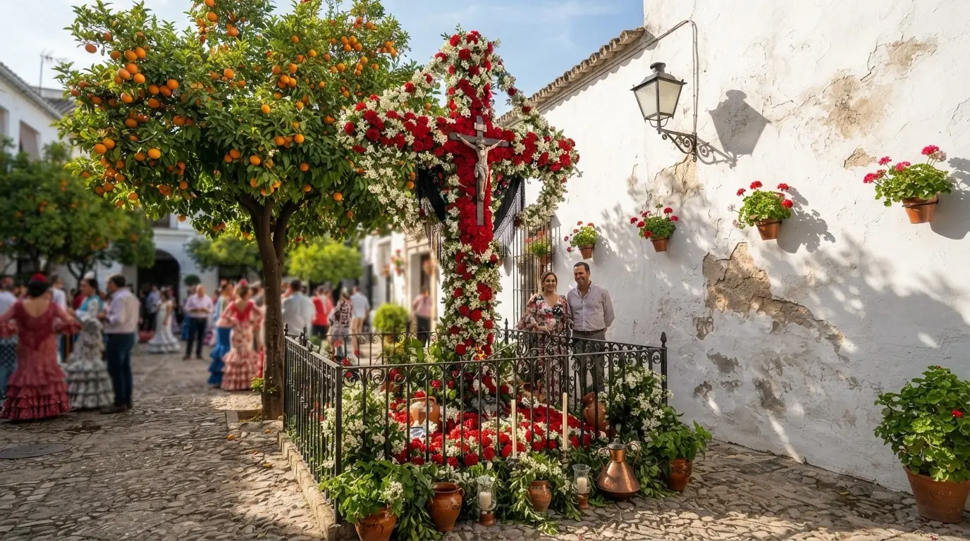 Ornate cross draped in red carnations and white jasmine flowers in a sunlit Córdoba plaza, whitewashed walls behind, an orange tree to the left, at the cruces de mayo history origins festival tracing its roots from Roman Floralia to the Christian Invention of the Holy Cross