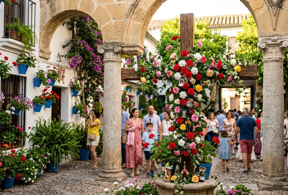 Ornate cross draped in red carnations and white jasmine flowers in a sunlit Córdoba plaza, whitewashed walls behind, an orange tree to the left, at the cruces de mayo history origins festival tracing its roots from Roman Floralia to the Christian Invention of the Holy Cross