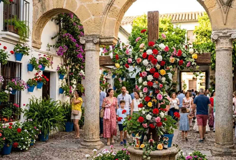 Ornate cross draped in red carnations and white jasmine flowers in a sunlit Córdoba plaza, whitewashed walls behind, an orange tree to the left, at the cruces de mayo history origins festival tracing its roots from Roman Floralia to the Christian Invention of the Holy Cross