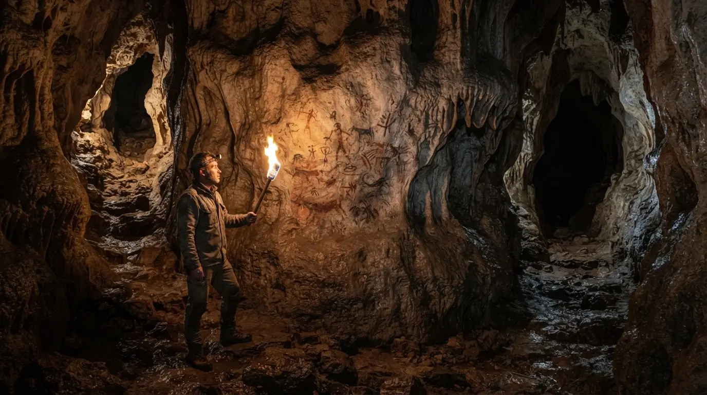 Torch-lit limestone chamber inside the Cueva de los Murciélagos cave near Zuheros, Córdoba province, rough karst walls with faint dark red ochre and black schematic figures barely visible in shadow, a narrow rocky passage receding into darkness