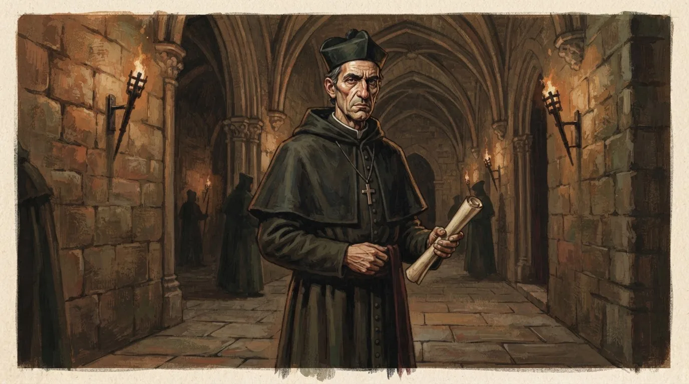 Illustration of Diego Rodríguez Lucero as an early 16th-century Castilian priest-inquisitor in dark clerical robes and black biretta, holding a scroll in a torch-lit vaulted stone corridor with hooded figures behind him