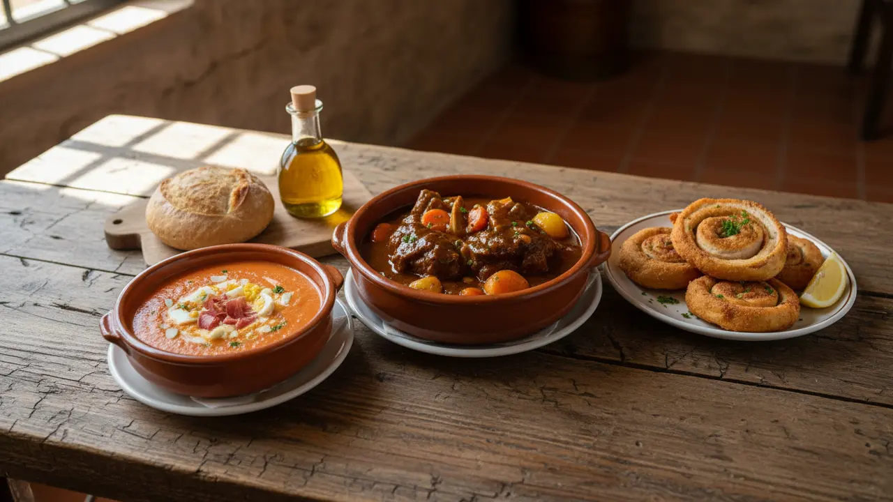 Traditional Córdoba dishes on a wooden table