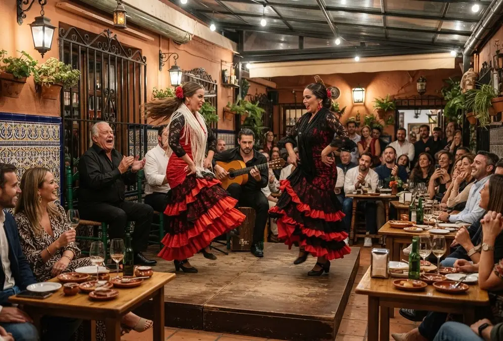 Two flamenco dancers and a guitarist performing at close range in the intimate Doble de Cepa tavern near the Mezquita in Córdoba