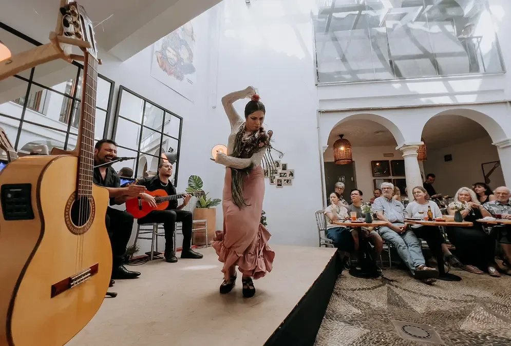 Interior of the Doble de Cepa flamenco tavern with air-conditioned patio and traditional Andalusian décor