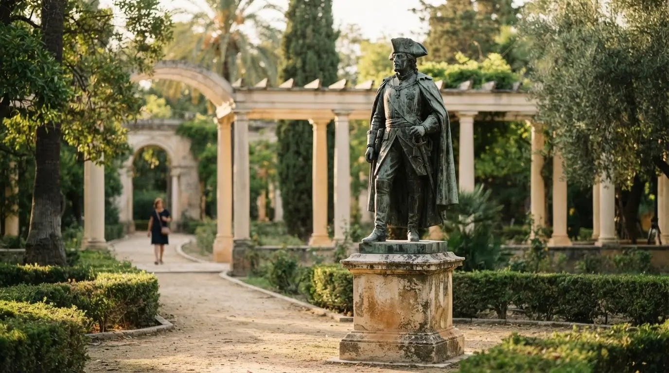 Duque de Rivas Córdoba Don Álvaro monument: Mariano Benlliure statue among the trees of the Jardines del Duque de Rivas in golden-hour light