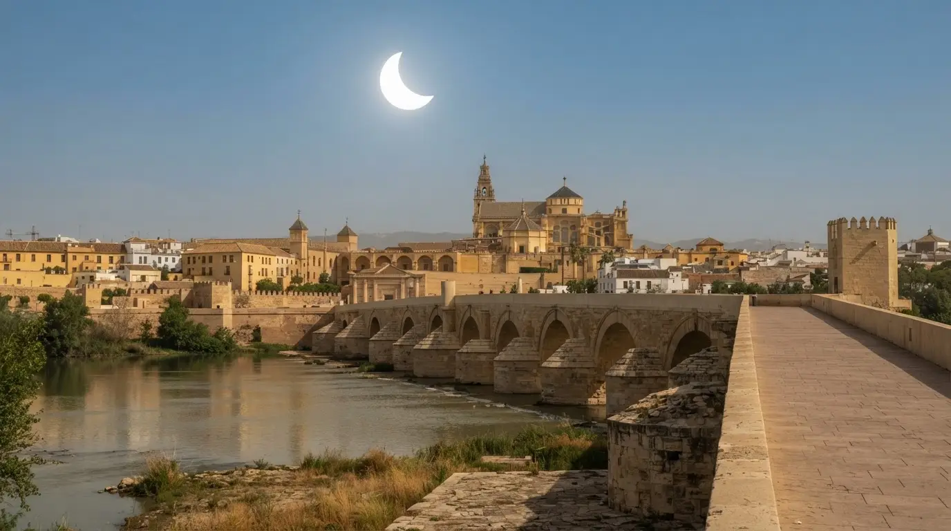 Photorealistic wide shot of Córdoba's Roman Bridge and Mezquita-Catedral skyline at dawn under a deep partial solar eclipse crescent sun, warm golden light - eclipse 2027 spain where to stay
