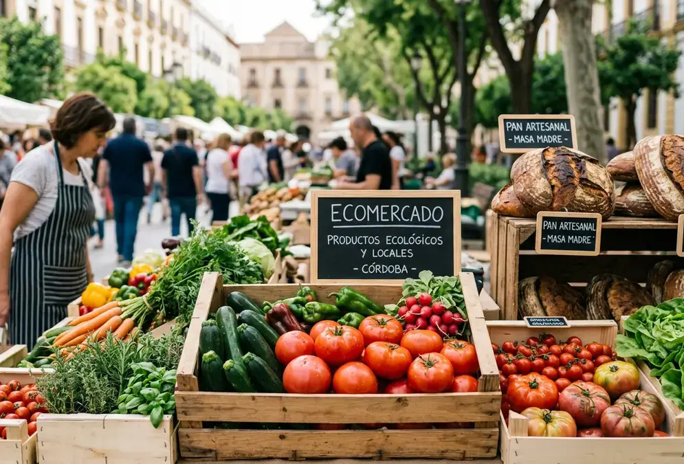 Stalls of organic produce and artisan goods at Ecomercado on Bulevar de Gran Capitán in Córdoba