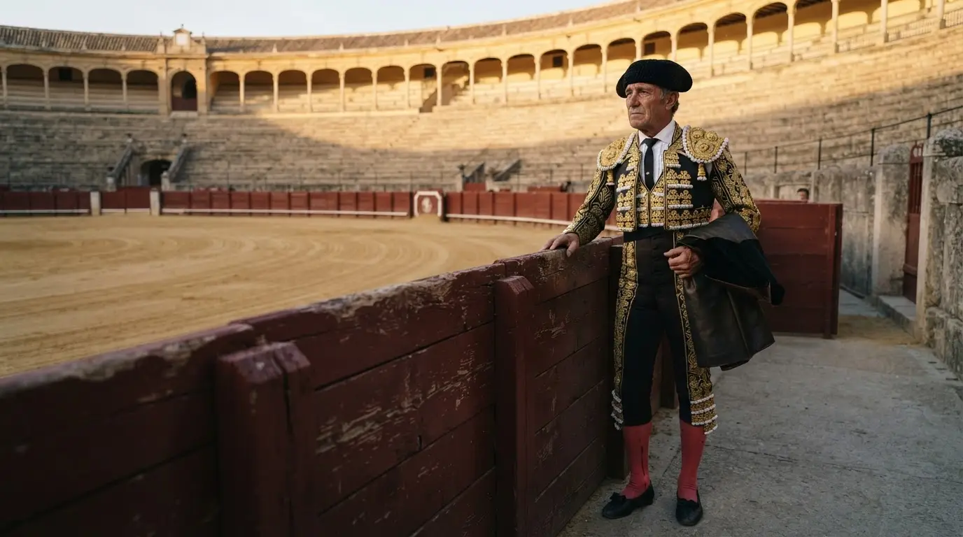 El Cordobes matador Cordoba figure in a dark traje de luces at the arena barrier, warm late-afternoon light across the sand and empty tiers behind