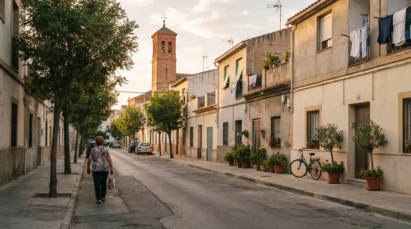 Residential street in Córdoba, a woman walking past potted plants and low houses, brick church bell tower behind, late light
