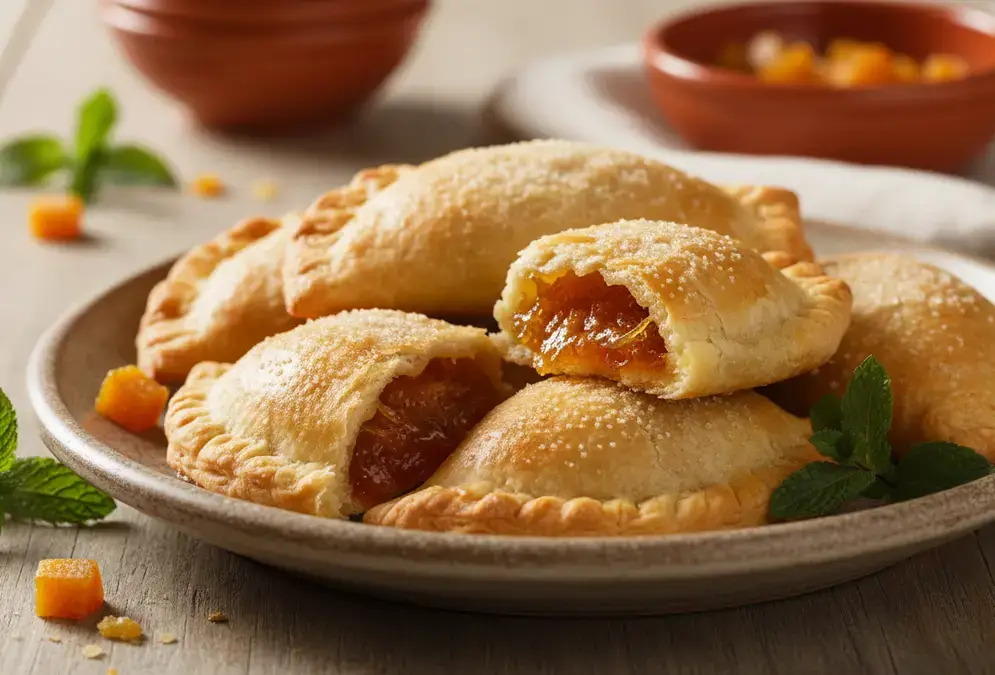 Empanadas cordobesas on a wooden counter — one cut open to reveal cabello de ángel filling