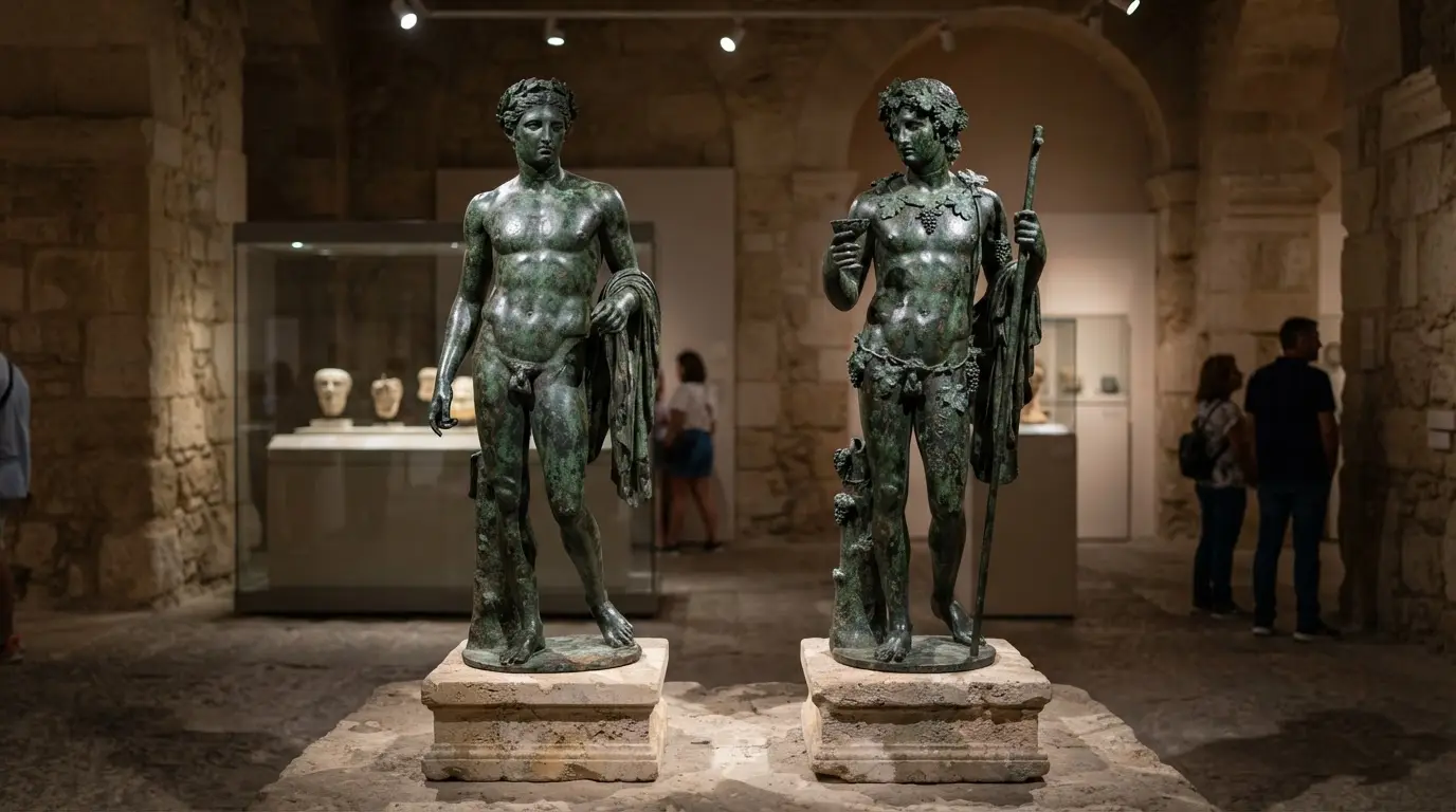 Two restored Roman bronze ephebe statues, the Efebo Apolineo and Efebo Dionisiaco, displayed standing under museum spotlighting with weathered dark green patina, Ephebes of Pedro Abad Cordoba