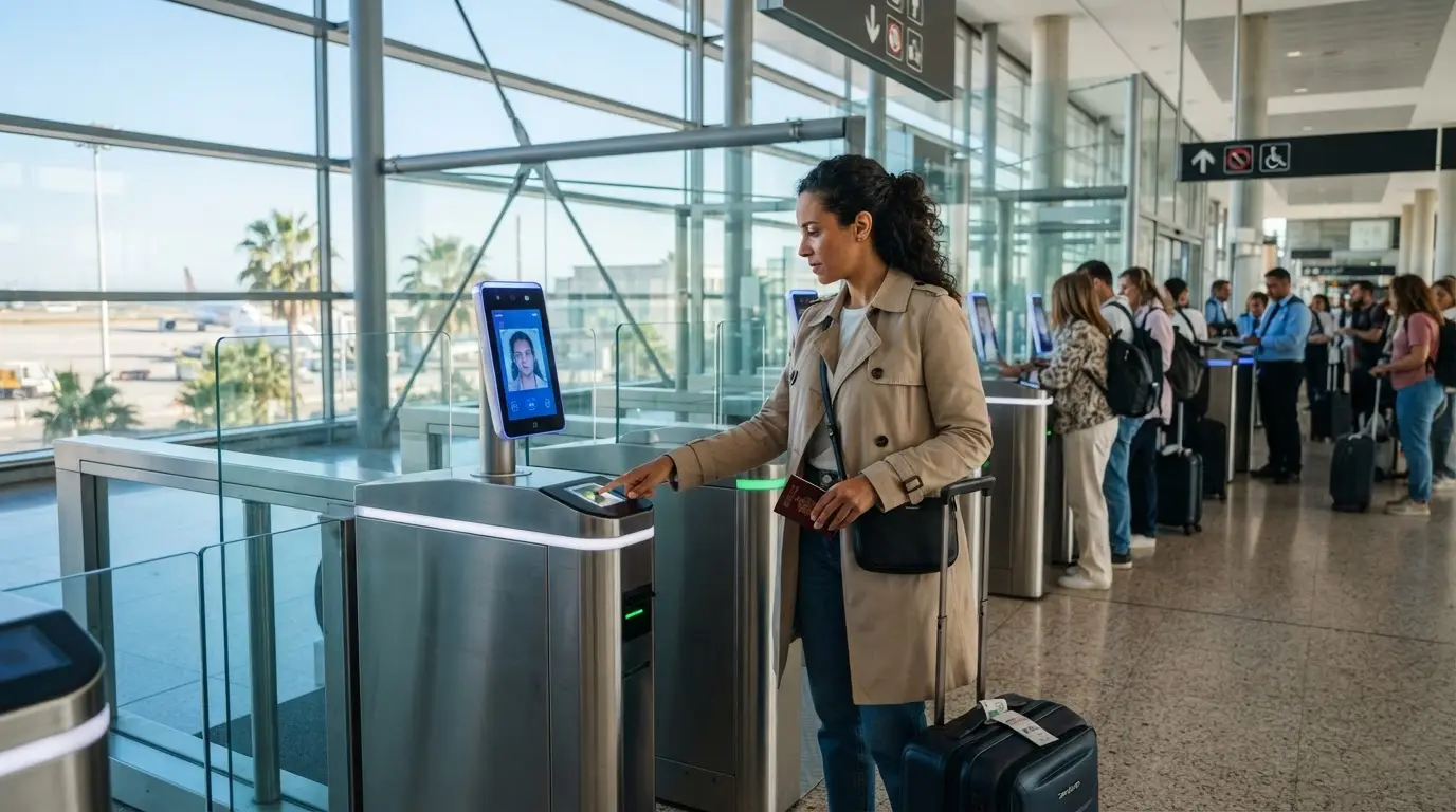Photorealistic scene inside Málaga-Costa del Sol airport's arrivals hall, travellers queuing at an automated EES biometric border gate with a fingerprint scanner and facial-recognition screen, daylight through the glass — etias 2027 spain travel