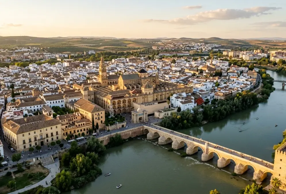 Aerial view of Córdoba's historic centre along the Guadalquivir River, showing the Mezquita-Catedral, Roman bridge, and the layered architecture of a city whose name has survived five civilisations, golden hour light