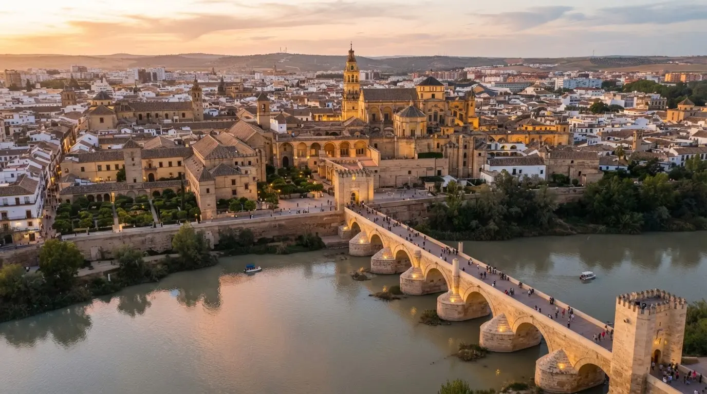Aerial view of Córdoba's historic centre along the Guadalquivir River, showing the Mezquita-Catedral, Roman bridge, and the layered architecture behind the etymology of Cordoba Spain, golden hour light