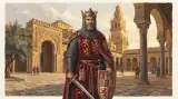 Illustration of Ferdinand III of Castile as a bearded king in a crown, mail coat and crimson mantle with lions and castles, holding a sword and a heraldic shield in a sunlit Córdoba courtyard beneath the Mezquita-Cathedral bell tower