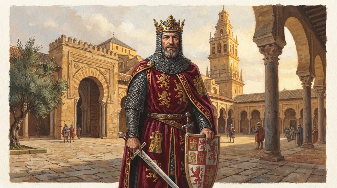 Illustration of Ferdinand III of Castile as a bearded king in a crown, mail coat and crimson mantle with lions and castles, holding a sword and a heraldic shield in a sunlit Córdoba courtyard beneath the Mezquita-Cathedral bell tower