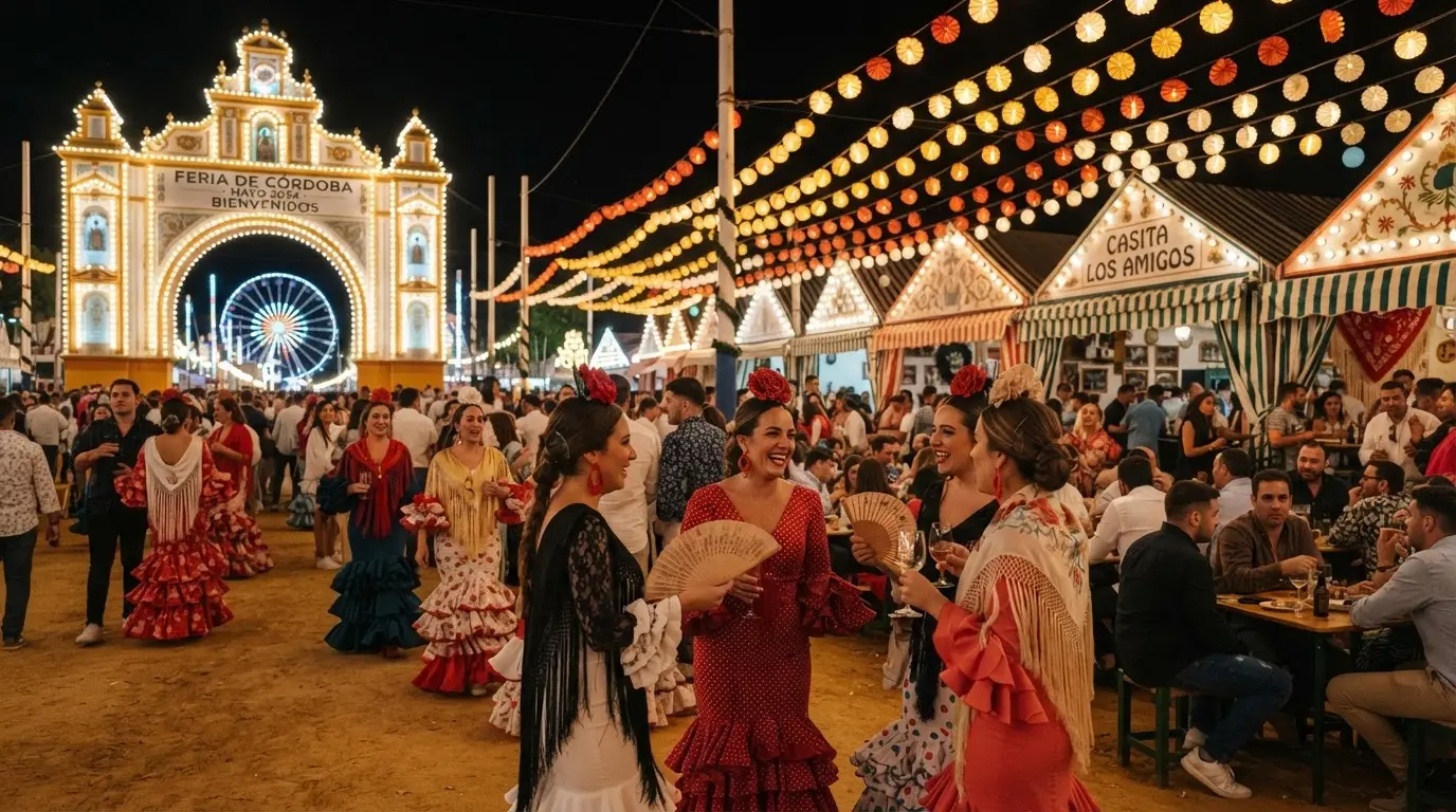 Photorealistic wide shot of Córdoba's El Arenal fairground at night during Feria de Córdoba, rows of illuminated casetas strung with paper lanterns along the Guadalquivir, couples dancing sevillanas in the foreground, warm string lights reflecting on the river, feria de cordoba 2027