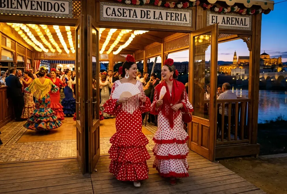 Feria Cordoba vs Feria Sevilla: two women in flamenca dresses entering an open public caseta at El Arenal, string lights overhead and the Guadalquivir at dusk, no invitation required