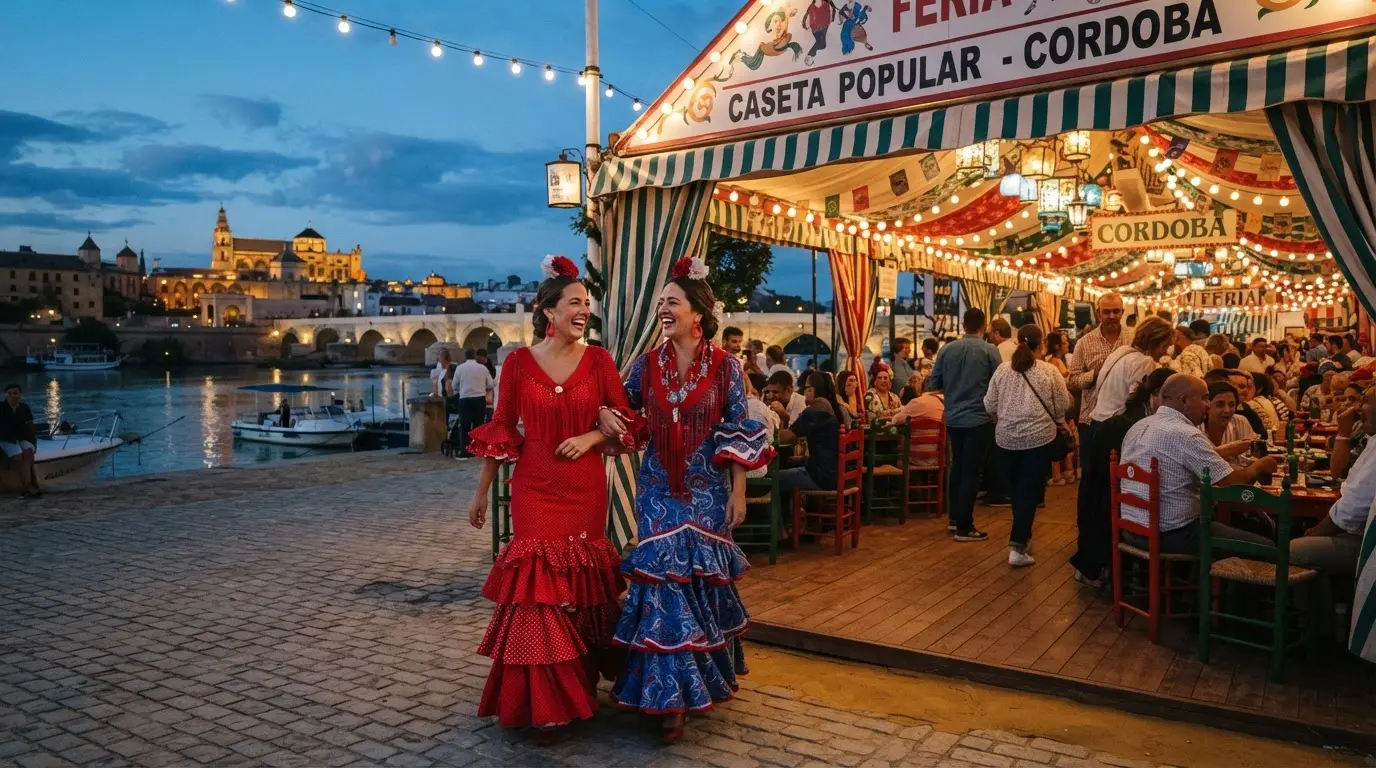 Feria Cordoba vs Feria Sevilla: two women in flamenca dresses entering an open public caseta at El Arenal, string lights overhead and the Guadalquivir at dusk, no invitation required