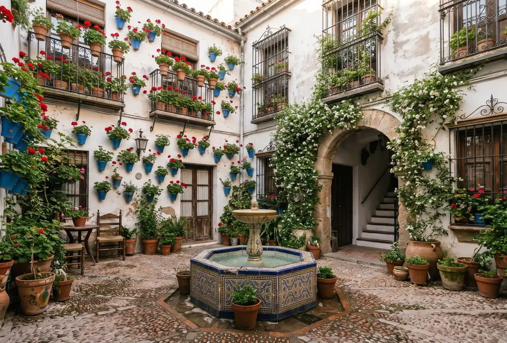 Flower-filled patio with red geraniums and jasmine at the Córdoba Patio Festival