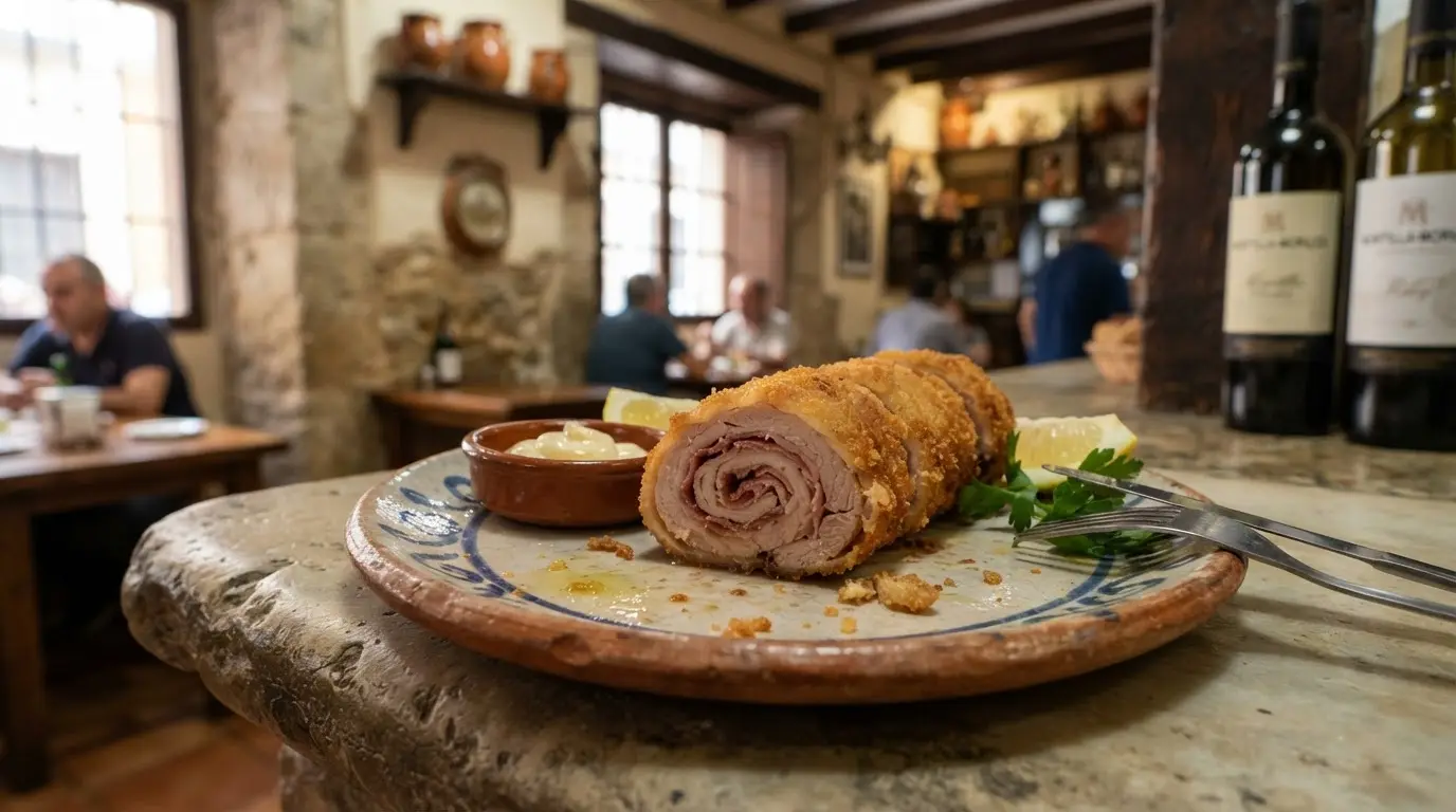 Flamenquín cordobés history: a golden crispy fried pork roll on a rustic ceramic plate at a traditional Córdoba taberna, sliced open to reveal the jamón serrano filling, natural Andalusian light on a stone counter