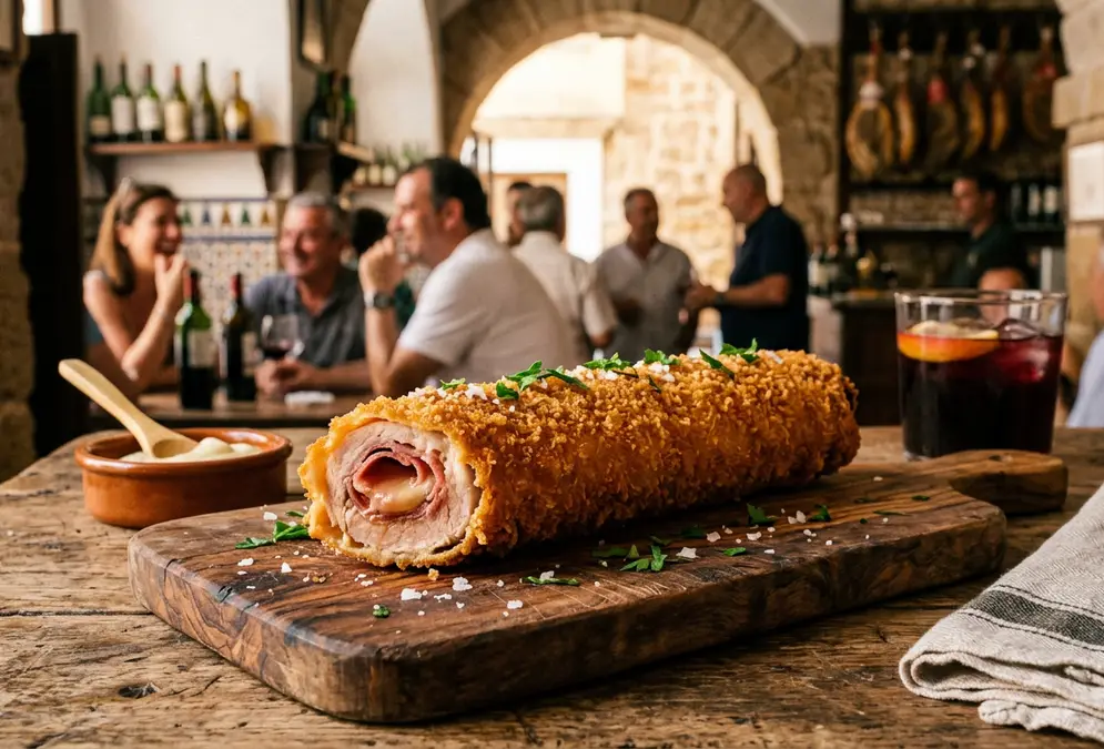 Flamenquín cordobés history: a golden crispy fried pork roll on a rustic ceramic plate at a traditional Córdoba taberna, sliced open to reveal the jamón serrano filling, natural Andalusian light on a stone counter