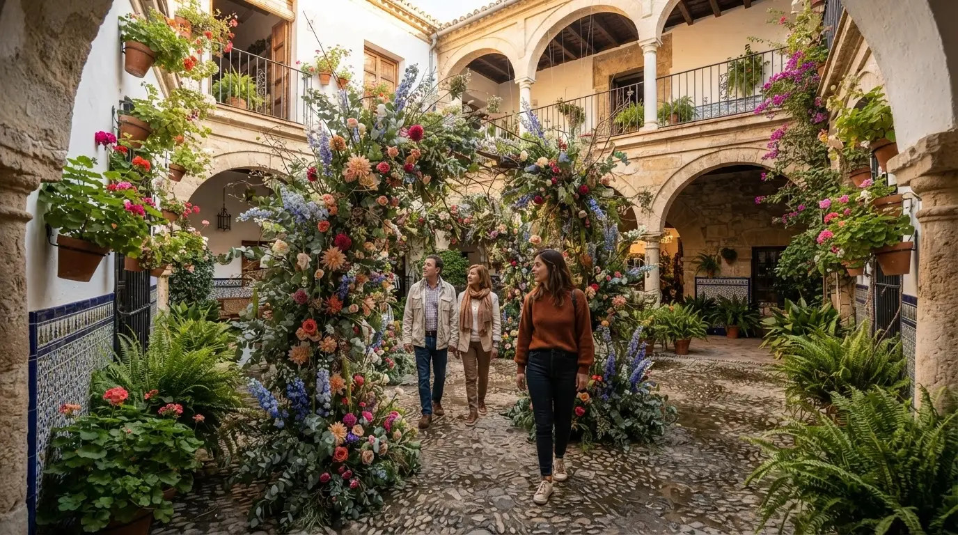 Golden-hour view of a FLORA festival floral installation filling a historic Córdoba patio, visual anchor for this flora festival cordoba economic impact analysis