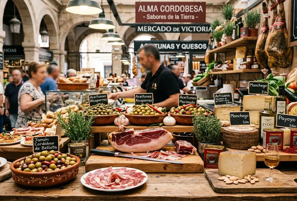 Traditional food market stall in Córdoba with olives, cured ham, and local produce