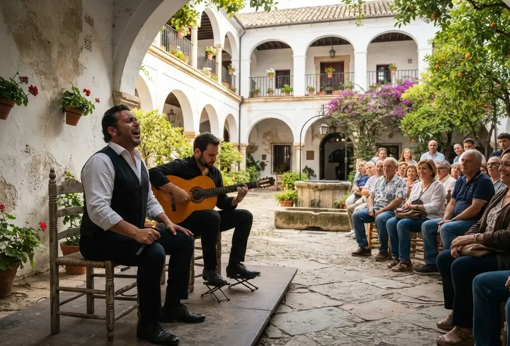 Live flamenco recital in the historic courtyard of the Posada del Potro at Centro Flamenco Fosforito, Córdoba