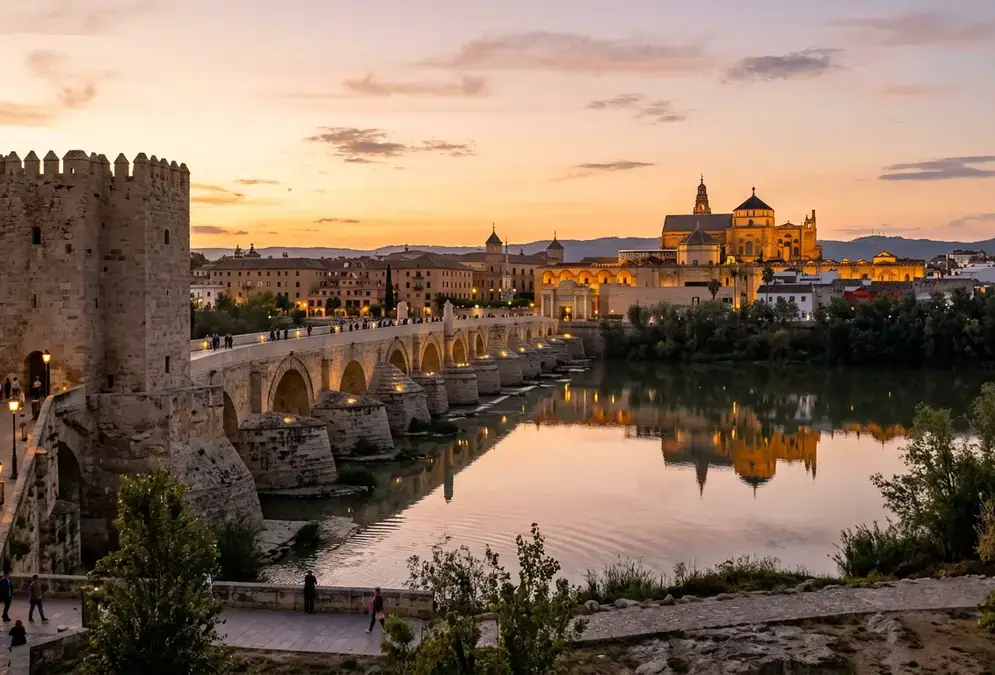 Free and budget things to do in Córdoba — the Roman Bridge with the Mezquita-Catedral reflected in the Guadalquivir at sunset