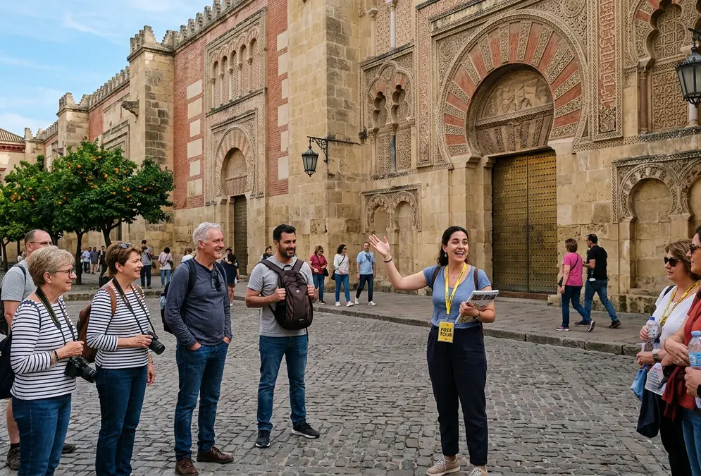 Free walking tour group at the Mezquita-Cathedral entrance in Córdoba