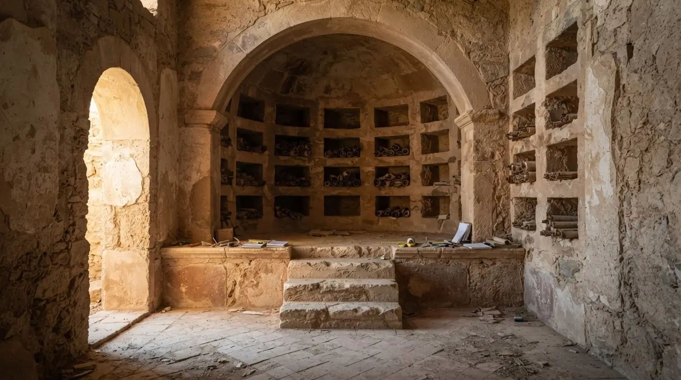 AI reconstruction of a Roman private library room with scroll niches, an apse and a raised podium, warm lamplight across stone shelving in a Late Antique villa in Córdoba province, Spain