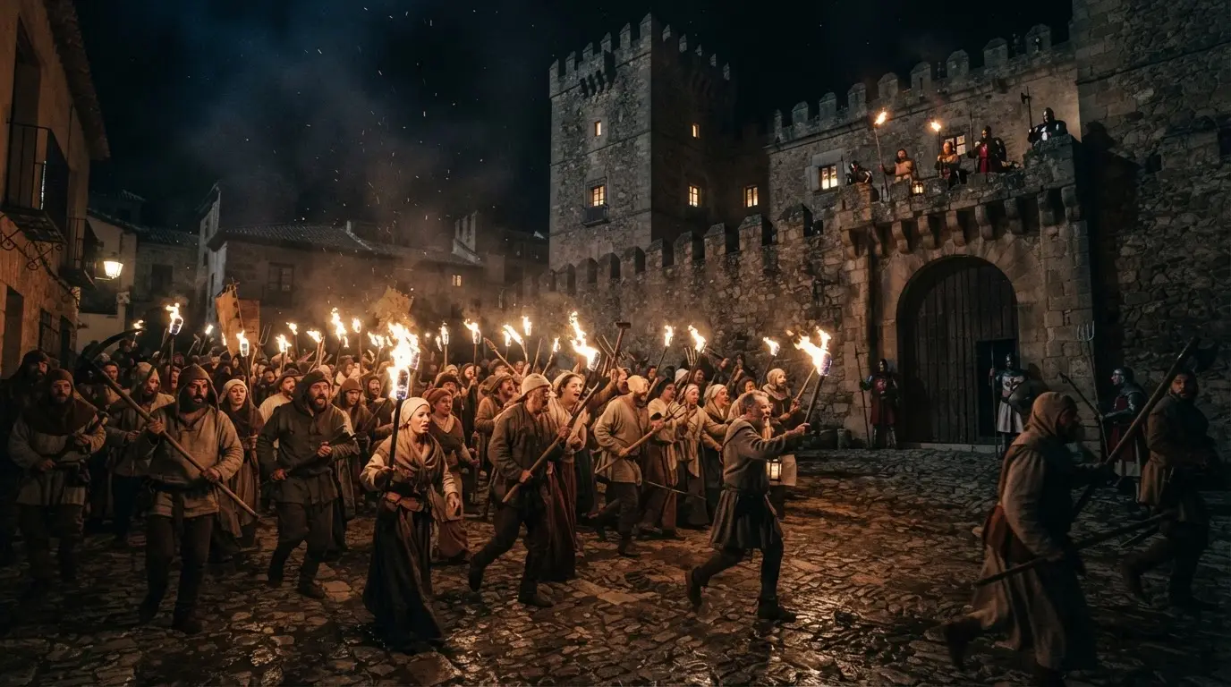 Torch-lit 15th-century Andalusian village at night, a silent crowd of villagers standing together outside a stone house, photorealistic dramatic reconstruction of the real story behind the 1476 Fuenteovejuna uprising in Córdoba province, Spain