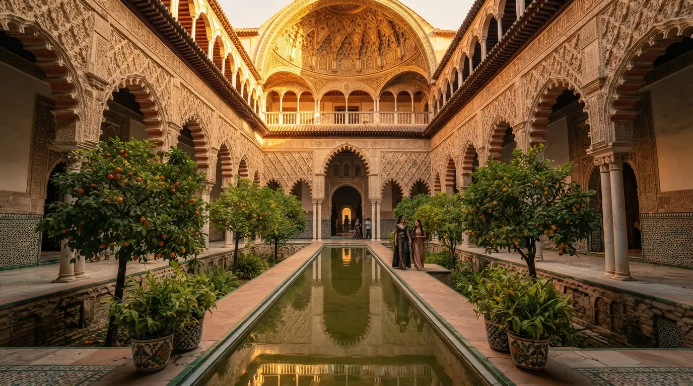 A Moorish courtyard evoking Game of Thrones' Dorne architecture, inspired by medieval Córdoba: red-and-white striped horseshoe arches, a muqarnas dome, and a shaded reflecting pool at golden hour, photorealistic