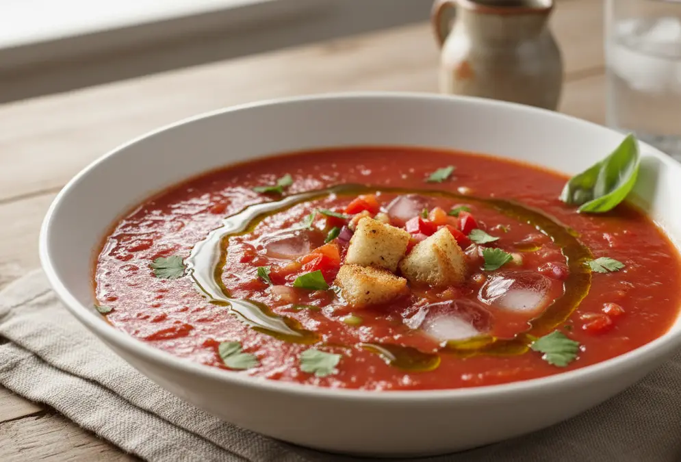 Bowl of fresh gazpacho with a drizzle of olive oil, served cold in a white bowl