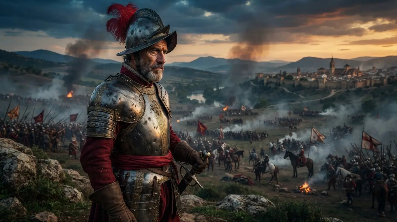 Dramatic photorealistic portrait scene of a Spanish Renaissance general in 16th-century armor surveying a battlefield, gran capitan Gonzalo Fernandez de Cordoba, Andalusian landscape at dusk, oil-painting mood