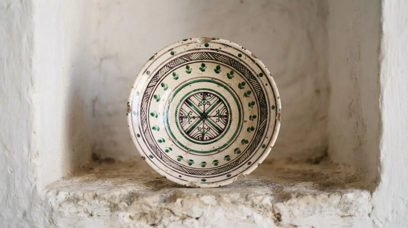Close view of a caliphal ataifor bowl with opaque white glaze painted in copper green and black-purple manganese line work, soft side light on a stone surface, verde y manganeso ceramics of Córdoba