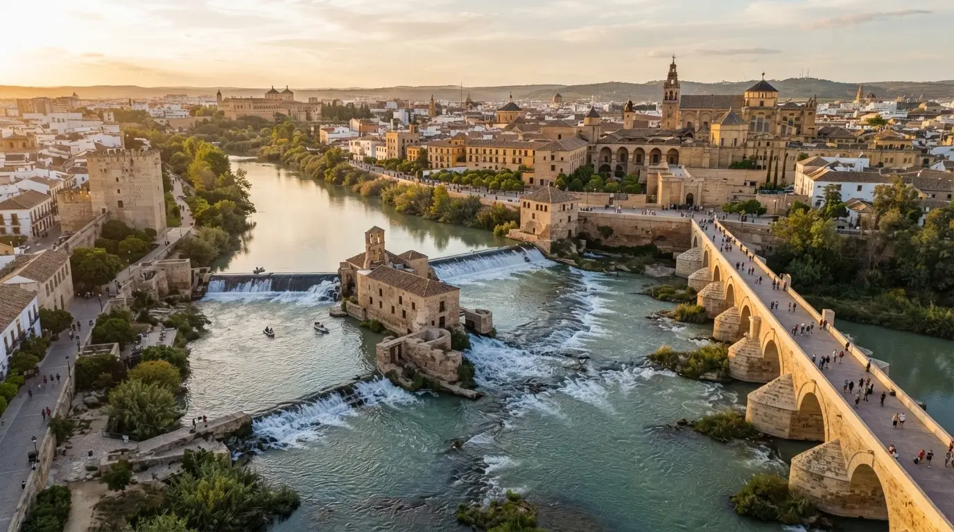 The Guadalquivir River drought recovery of 2026 at Córdoba: sunlit water flowing full beneath the Roman Bridge's stone arches, historic mill weirs along the bank, golden-hour light, upstream reservoirs visibly replenished