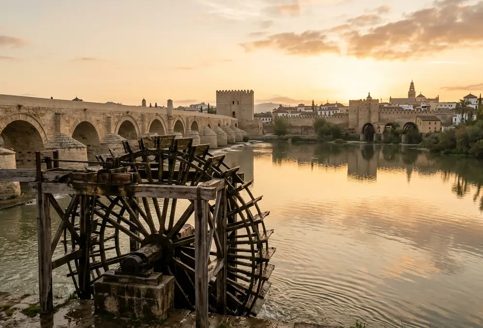 The Guadalquivir riverbank at Córdoba at dawn with the Albolafia waterwheel prominent in the foreground, the Roman Bridge arches receding behind it, medieval fortifications on the south bank, soft golden morning light reflecting on the water, Córdoba Spain