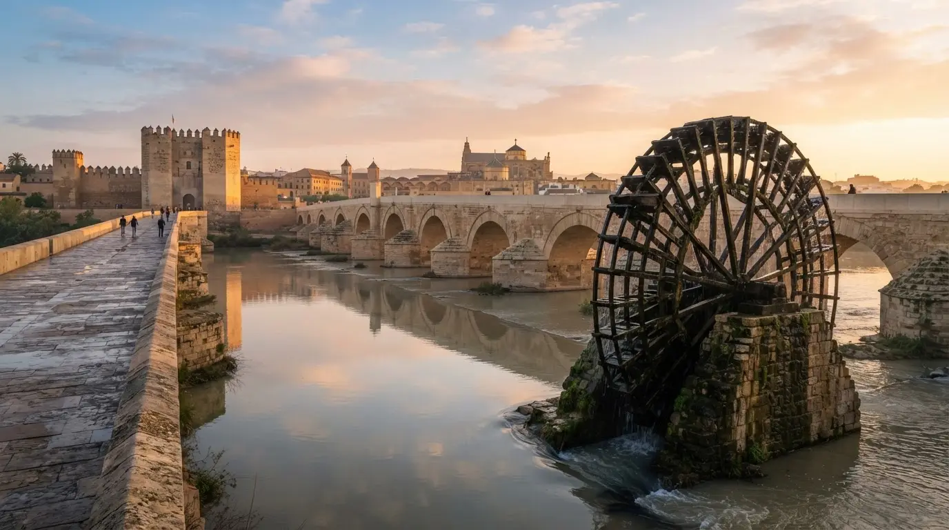 The Guadalquivir riverbank at Córdoba at dawn with the Albolafia waterwheel prominent in the foreground, the Roman Bridge arches receding behind it, medieval fortifications on the south bank, soft golden morning light reflecting on the water, Córdoba Spain