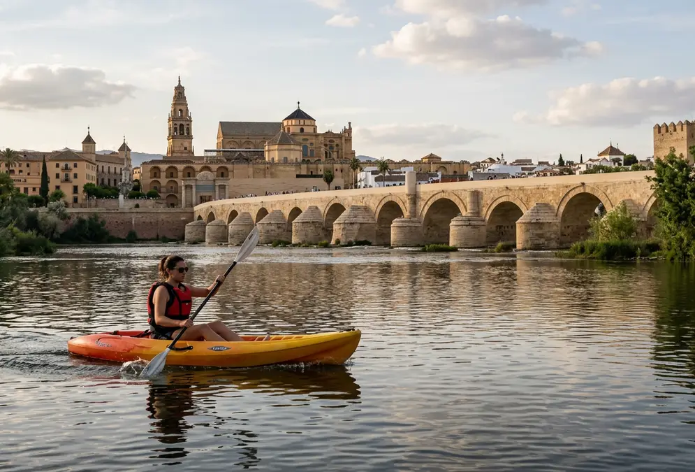 Kayak on the Guadalquivir river in Córdoba with the Roman Bridge and Mezquita in the background