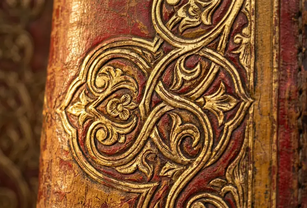 Close-up of an antique guadamecí leather Córdoba panel at warm golden-hour light, gilded embossed ataurique botanical scrollwork in relief against polychrome red and ochre sheepskin, gold leaf catching raking light at the ridges