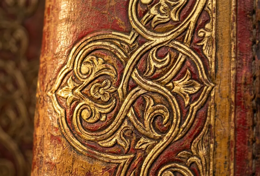 Close-up of an antique guadamecí leather Córdoba panel at warm golden-hour light, gilded embossed ataurique botanical scrollwork in relief against polychrome red and ochre sheepskin, gold leaf catching raking light at the ridges