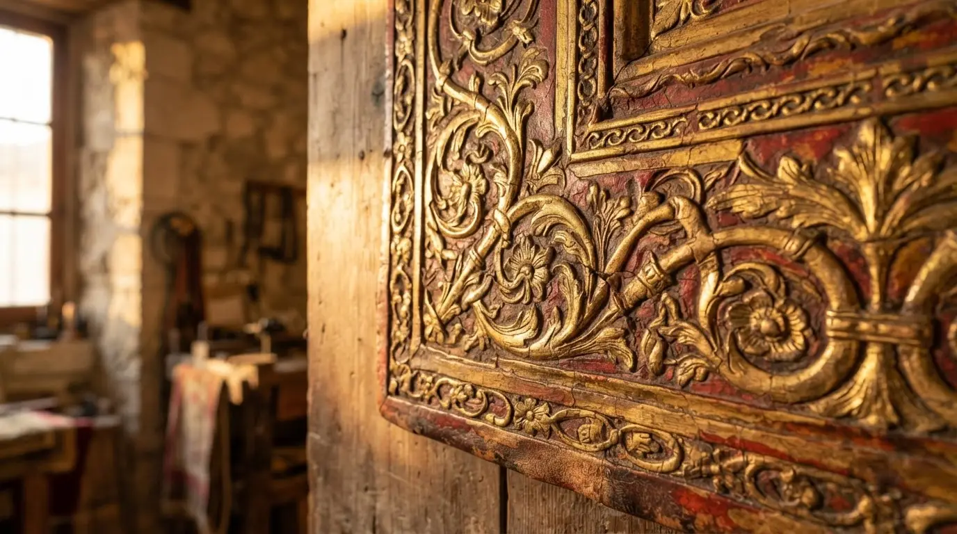 Close-up of an antique guadamecí leather Córdoba panel at warm golden-hour light, gilded embossed ataurique botanical scrollwork in relief against polychrome red and ochre sheepskin, gold leaf catching raking light at the ridges